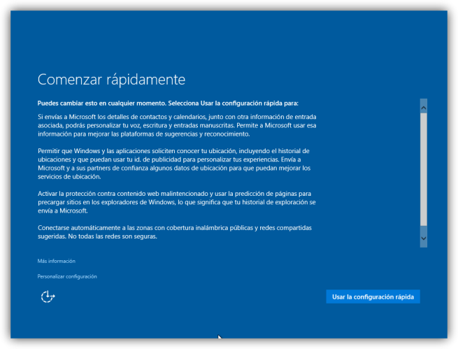 Configuración inicial por defecto de Windows 10