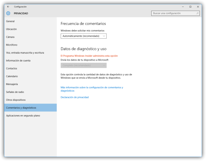 Configuración de los comentarios y diagnósticos de Windows 10