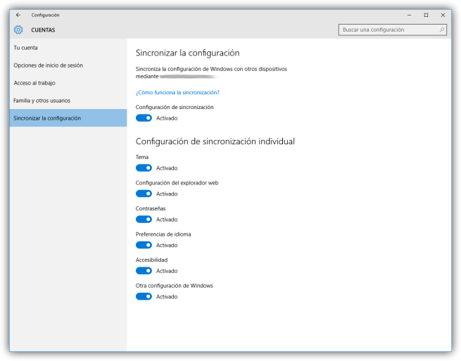 Configurar la sincronización de cuentas en Windows 10