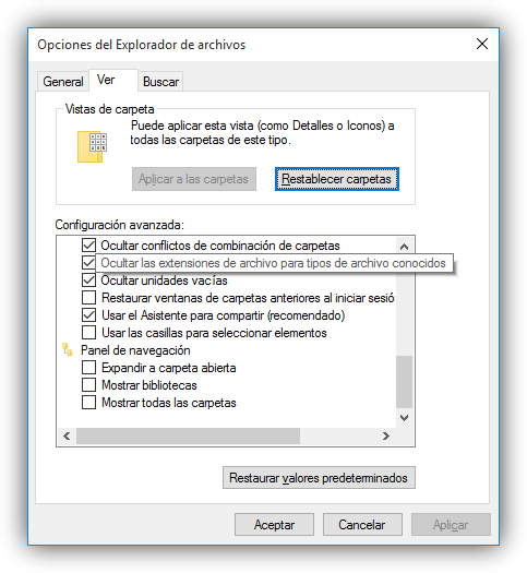 Mostrar todas las extensiones de archivos en Windows 10