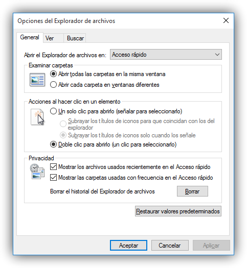 Ventana de opciones del Explorador de archivos de Windows 10