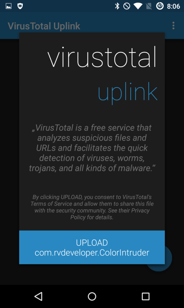 VirusTotal Uplink - confirmar el envio de datos
