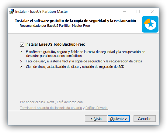 EaseUS Partition Master - instalar software no deseado