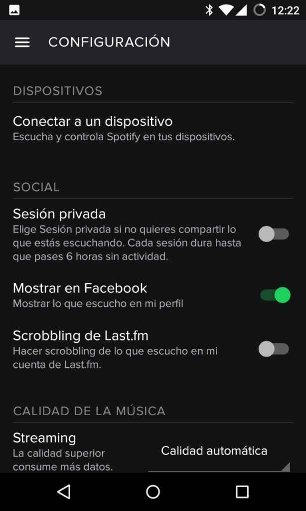 Ajustes de Spotify en Android