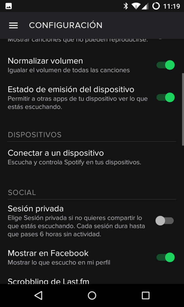 Configuración - dispositivos conectados a Spotify