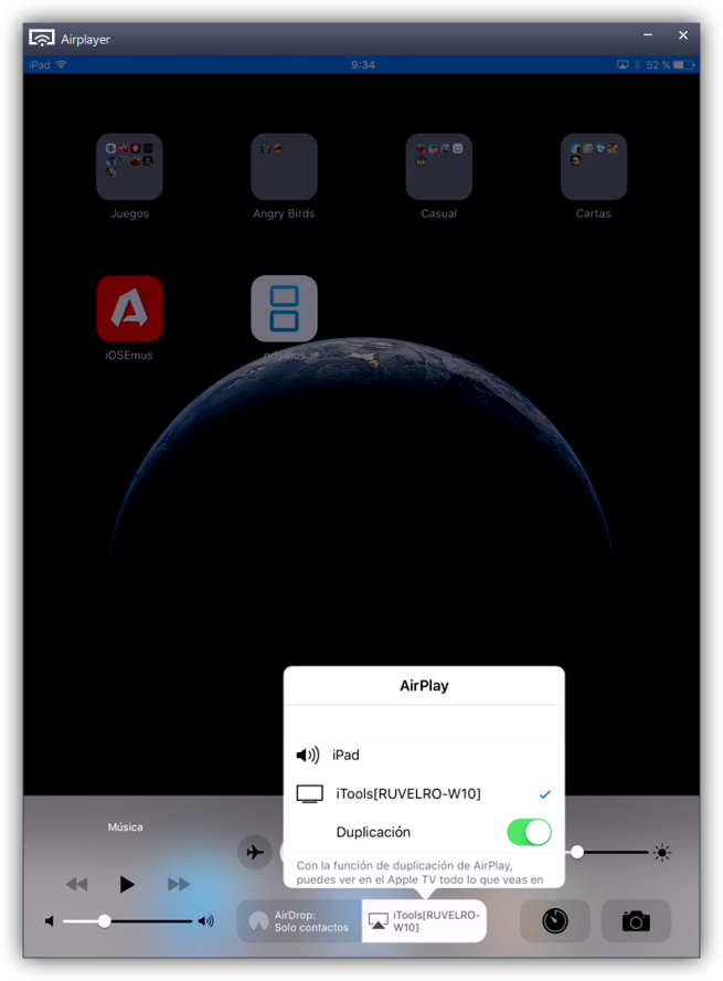 iPad con iOS 9 reflejado en PC gracias a AirPlay