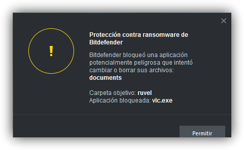 Aviso de posible ransomware de Bitdefender