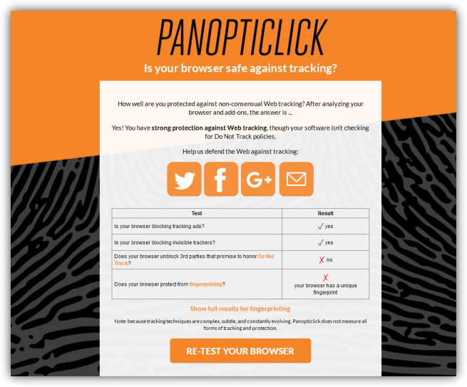 Panopticlick - resultados privacidad