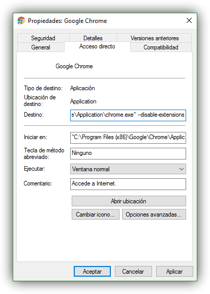 Modificar acceso directo Google Chrome
