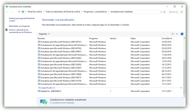 Lista de actualizaciones instaladas en Windows 10