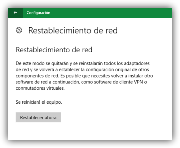 Confirmar restablecimiento de red Windows 10 Anniversary Update