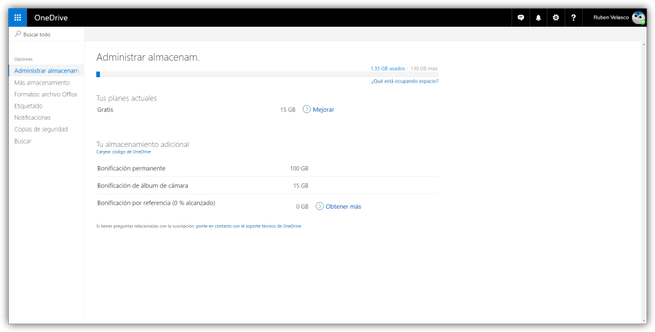 Espacio de almacenamiento de OneDrive desde la web