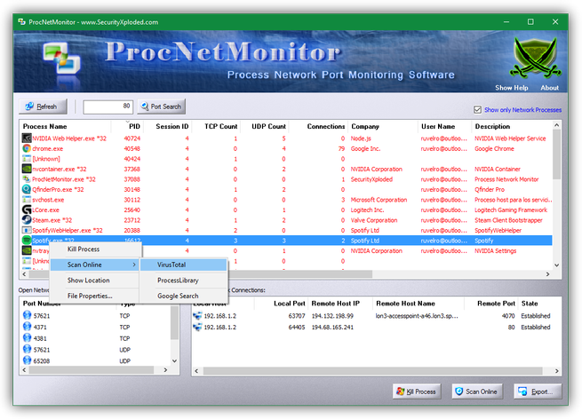 Process Network Monitor - menú contextual