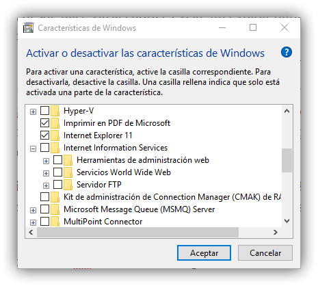 Deshabilitar IIS Internet Information Services Windows