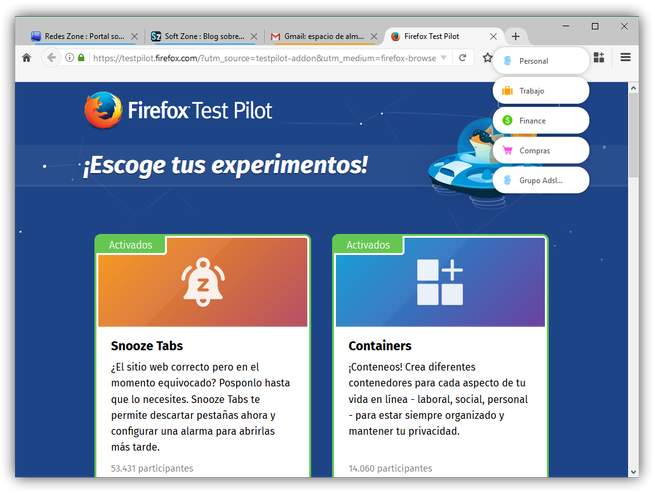 Nueva pestaña en contenedores Firefox test Pilot