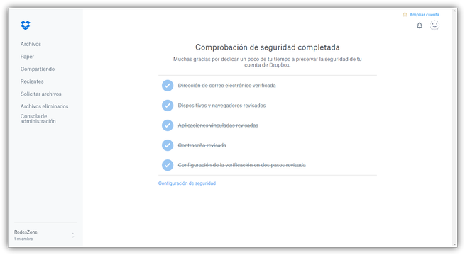 Dropbox - Comprobación de seguridad completada