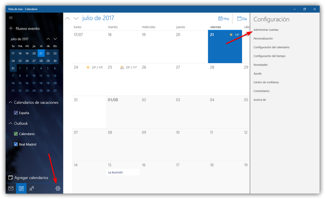 Configuración calendario Windows 10