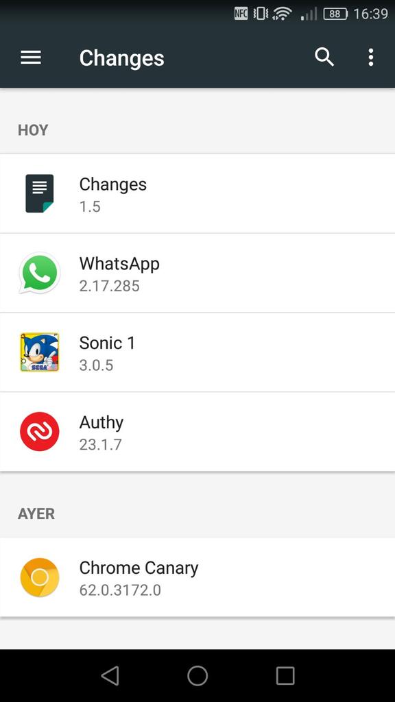 Changes - Lista de cambios de las apps para Android