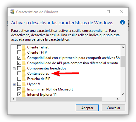 Habilitar contenedores Windows 10