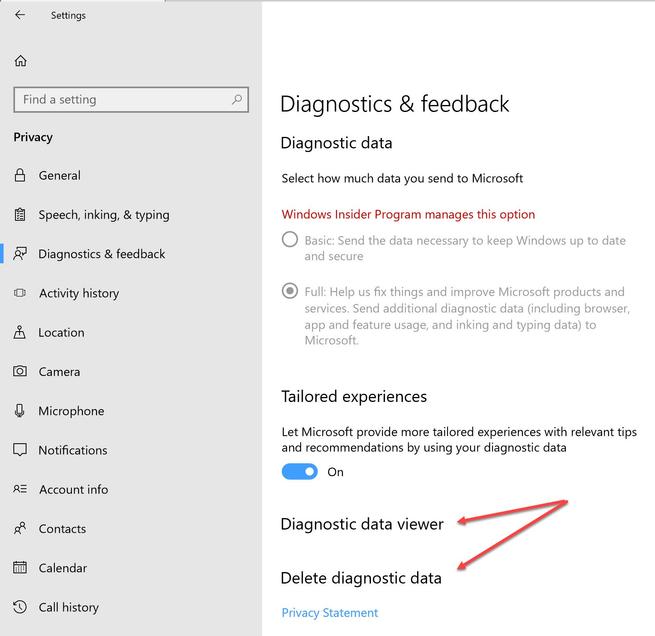 Privacidad recopilación de datos Windows 10 Redstone 4