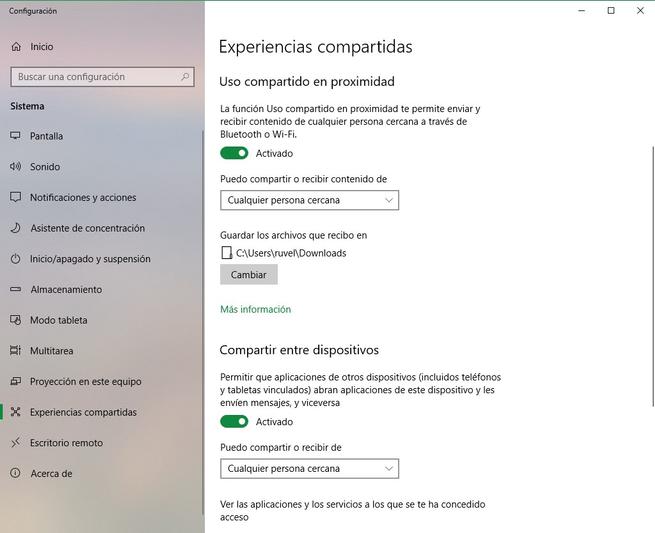Windows 10 April 2018 Update Opciones Experiencias Compartidas