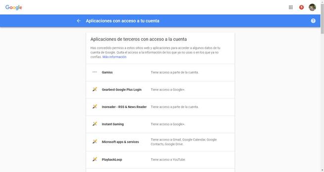 Aplicaciones de terceros con acceso a la cuenta de Google
