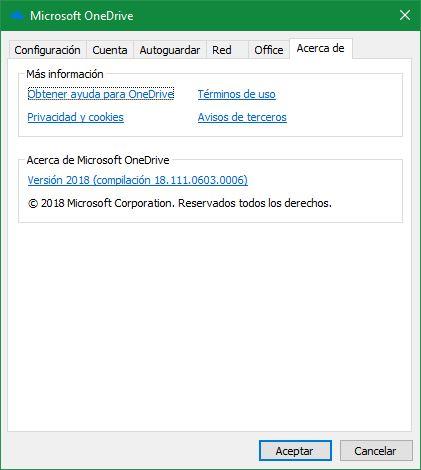Versión 18.111.0603.0006 OneDrive Windows 10