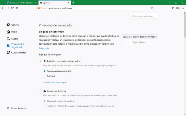Opciones de privacidad Firefox 63