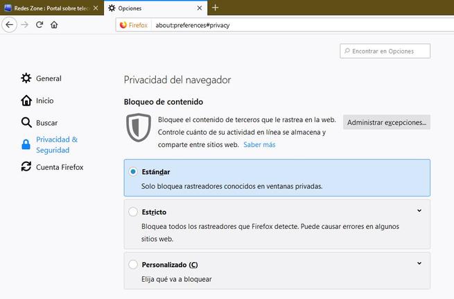 Nuevas opciones de privacidad Firefox 65