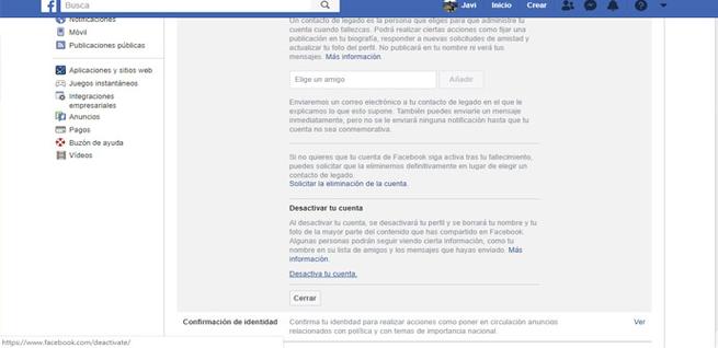 Desactivar temporalmente la cuenta de Facebook
