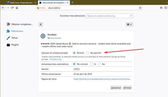 Extensiones modo privado Firefox 67