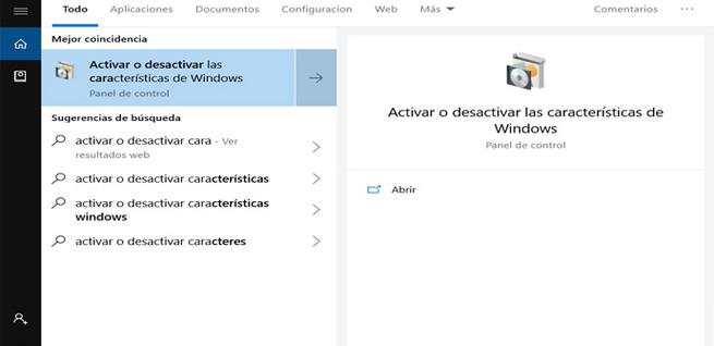 Activar o desactivar características en Windows