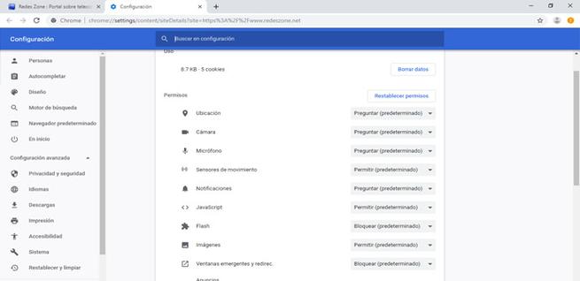 Cambiar los permisos de los sitios en Chrome