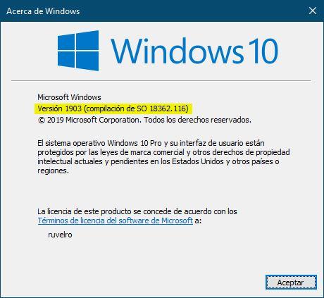Winver Windows 10 versión 1903