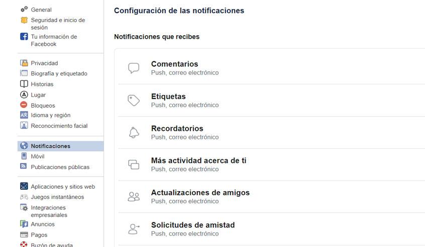 Configurar las notificaciones de Facebook